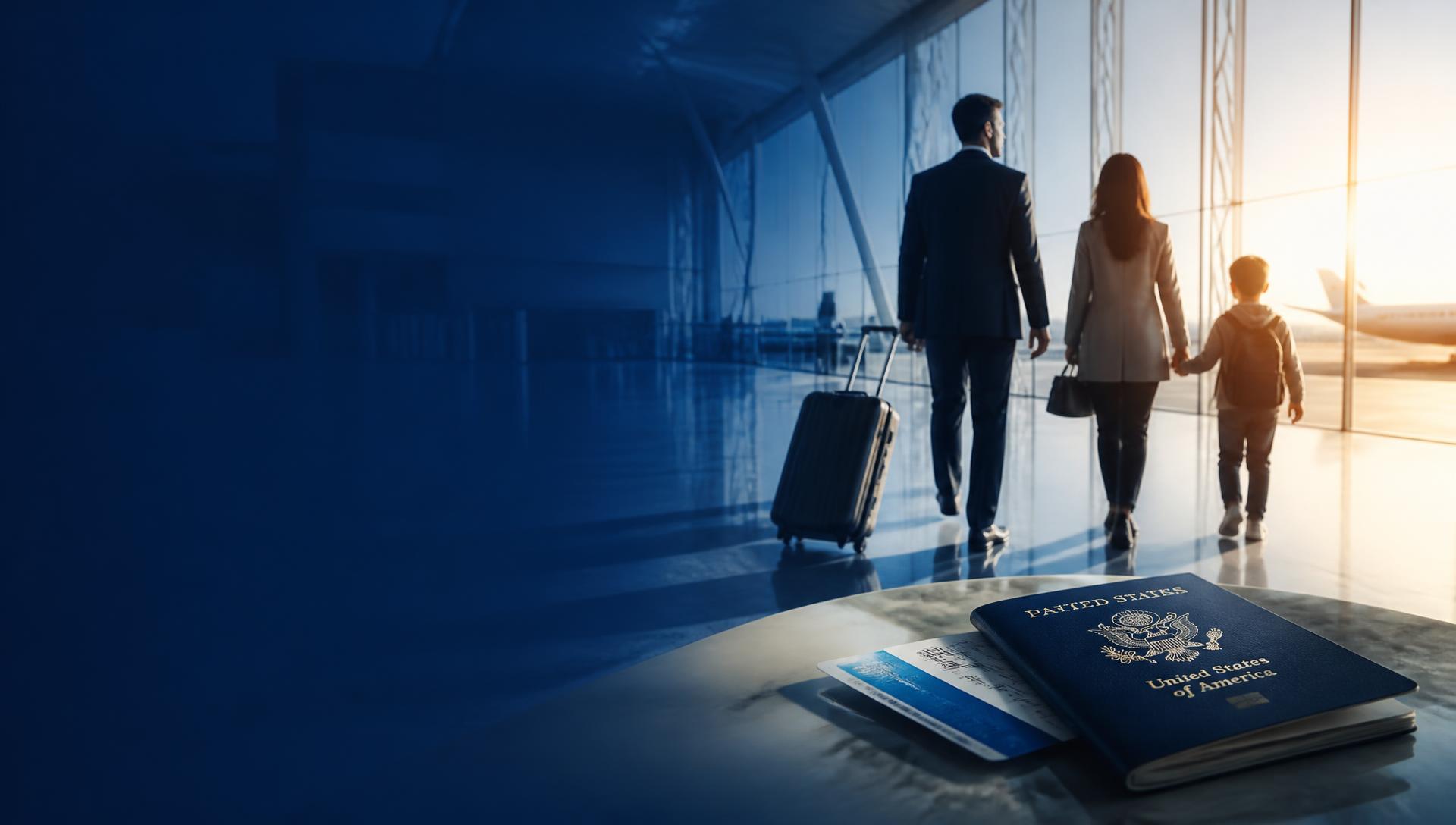 Família brasileira em terminal de aeroporto internacional com passaporte americano em primeiro plano